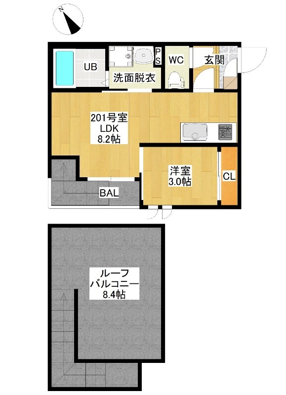 ＧＲＡＮＤＴＩＣ大曽根北 間取図　ＬＤＫ8.2帖　洋室3帖　脱衣洗面所　バルコニー