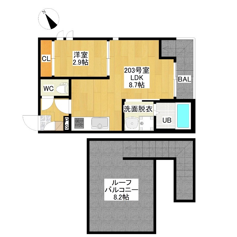 ＧＲＡＮＤＴＩＣ大曽根北 間取図　ＬＤＫ8.7帖　洋室2.9帖　脱衣洗面所　バルコニー