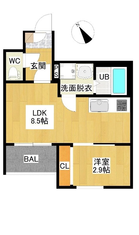 Ｒ－Ｓｍａｒｔ大曽根 間取図　ＬＤＫ8.5帖　洋室2.9帖　脱衣洗面所　バルコニー