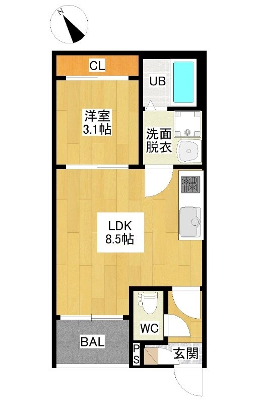 Ｒ－Ｓｍａｒｔ大曽根 間取図　ＬＤＫ8.5帖　洋室3.1帖　脱衣洗面所　バルコニー