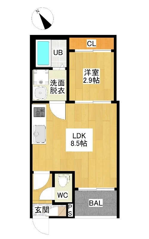 Ｒ－Ｓｍａｒｔ大曽根 間取図　ＬＤＫ8.5帖　洋室2.9帖　脱衣洗面所　バルコニー