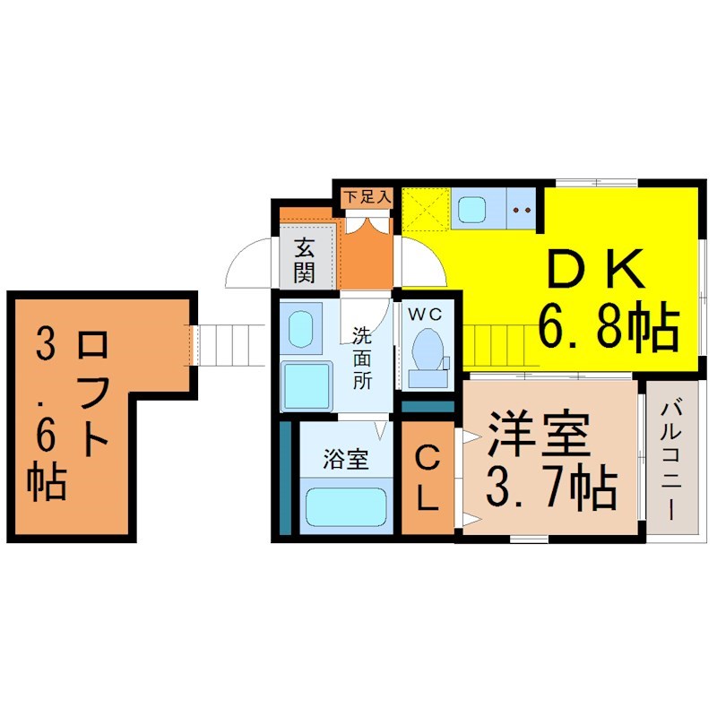 ハーモニーテラス長戸 間取図　ＤＫ6.8帖　洋室3.7帖　ロフト付　脱衣洗面所