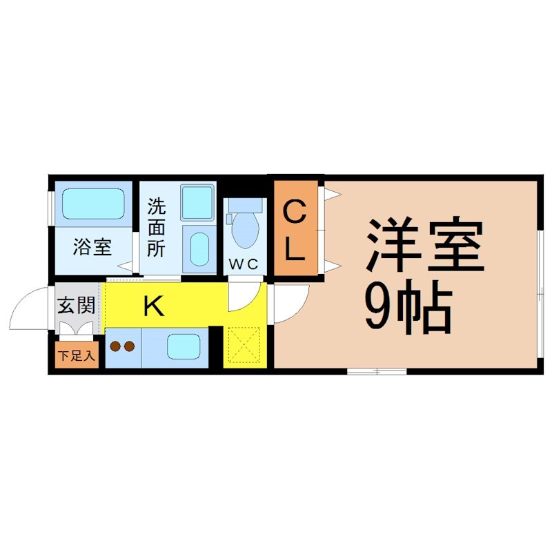 ラポール春岡 間取図　洋室9帖　脱衣洗面所　クローゼット付　南面採光