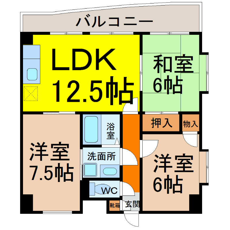 ＧＳＴＥＲＲＡＣＥ（ジーエステラス） 角部屋　ＬＤＫ12.5帖　洋室7.5帖　洋室6帖　和室6帖