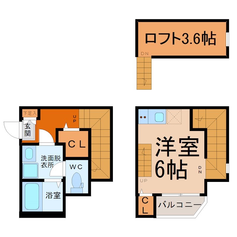 （仮称）緑区鳴海町字丸内Ｂ新築アパート 間取図　洋室6帖　ロフト3.6帖　脱衣洗面所　バルコニー