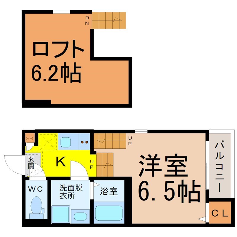 （仮称）緑区鳴海町字丸内Ｂ新築アパート 間取図　洋室6.5帖　ロフト6.2帖　脱衣洗面所　バルコニー