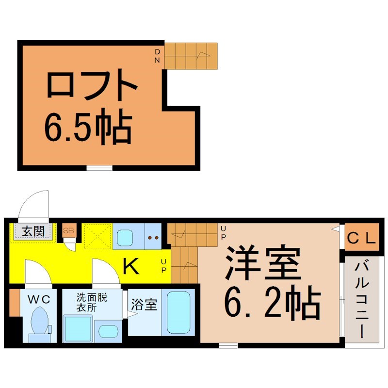 （仮称）緑区鳴海町字丸内Ｂ新築アパート 間取図　洋室6.2帖　ロフト6.5帖　脱衣洗面所　バルコニー