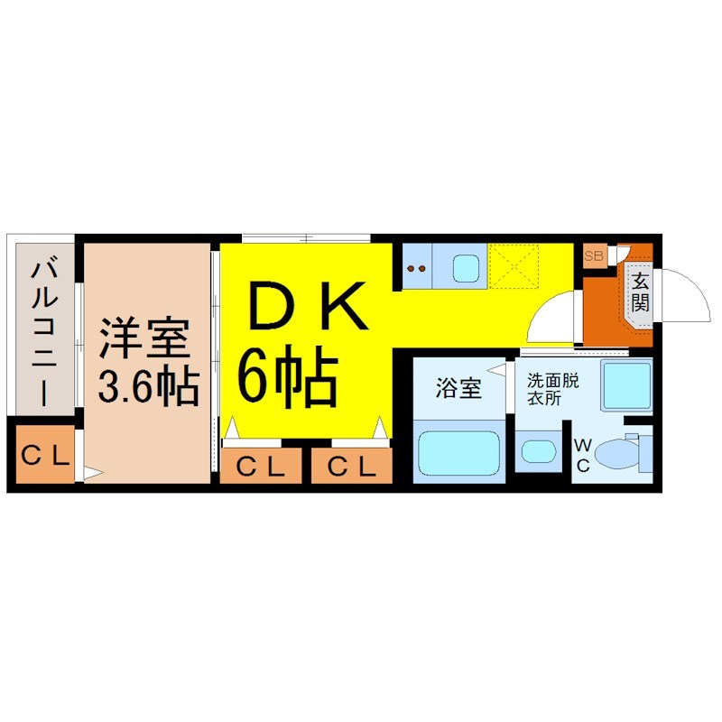 Ｋｕｒａ0306鳴海 間取図　ＤＫ6帖　洋室3.6帖　脱衣洗面所　バルコニー