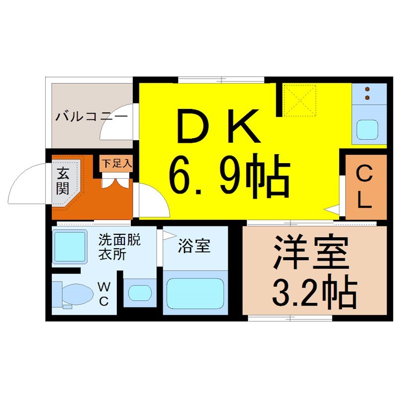 Ｋｕｒａ0306鳴海 間取図　ＤＫ6.9帖　洋室3.2帖　脱衣洗面所　バルコニー