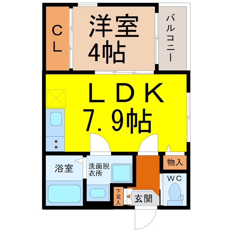 Ｆｅｌｉｚ ｌａ Ｆｌｏｒ（フェリスラフロール） 間取図　ＬＤＫ7.9帖　洋室4帖　脱衣洗面所　バルコニー