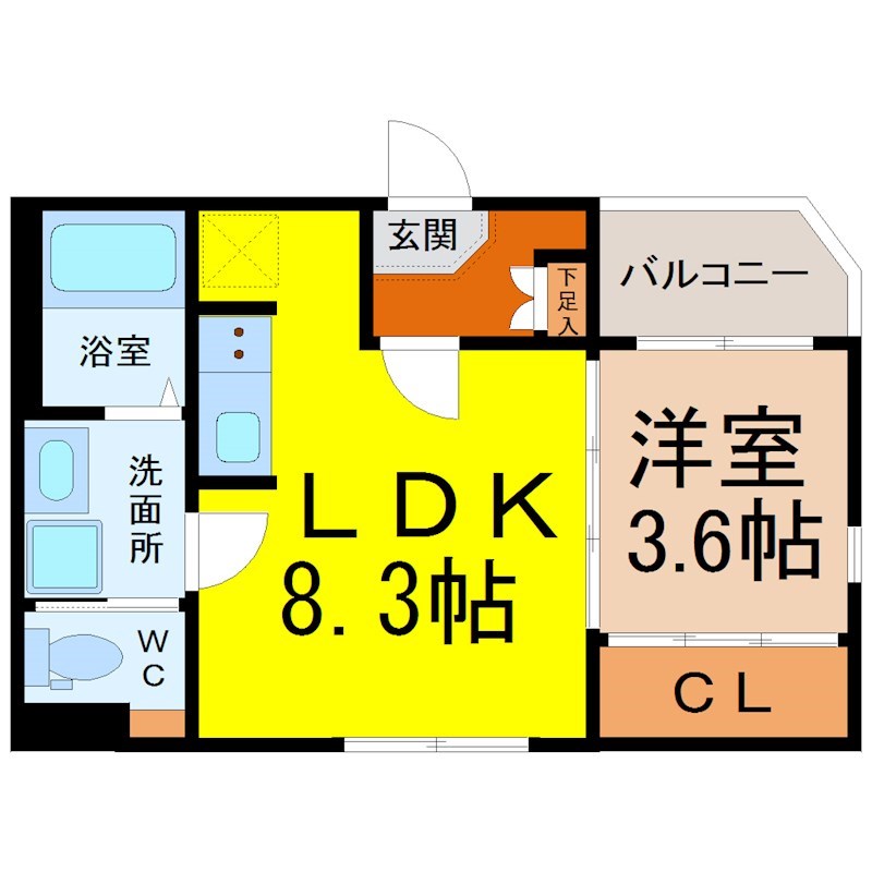 Ｆｅｌｉｚ ｌａ Ｆｌｏｒ（フェリスラフロール） 間取図　ＬＤＫ8.3帖　洋室3.6帖　脱衣洗面所　バルコニー