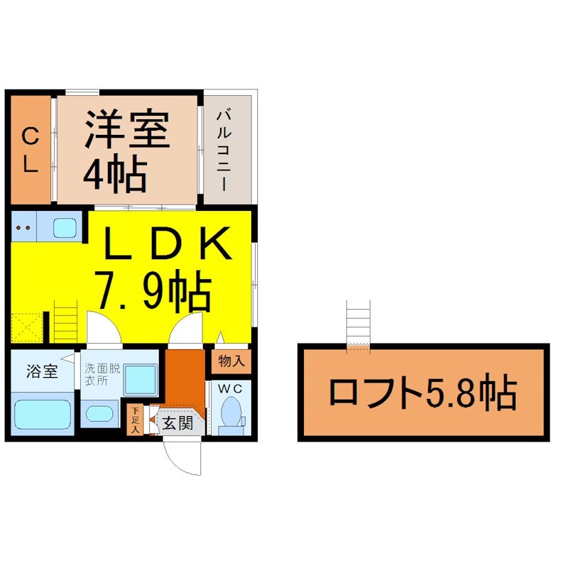 Ｆｅｌｉｚ ｌａ Ｆｌｏｒ（フェリスラフロール） 間取図　ＬＤＫ7.9帖　洋室4帖　脱衣洗面所　バルコニー