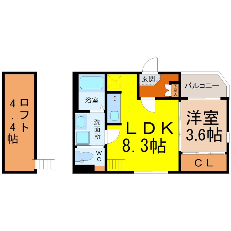 （仮称）天白区平針五丁目Ａ新築アパート 間取図　ＬＤＫ8.3帖　洋室3.6帖　脱衣洗面所　バルコニー