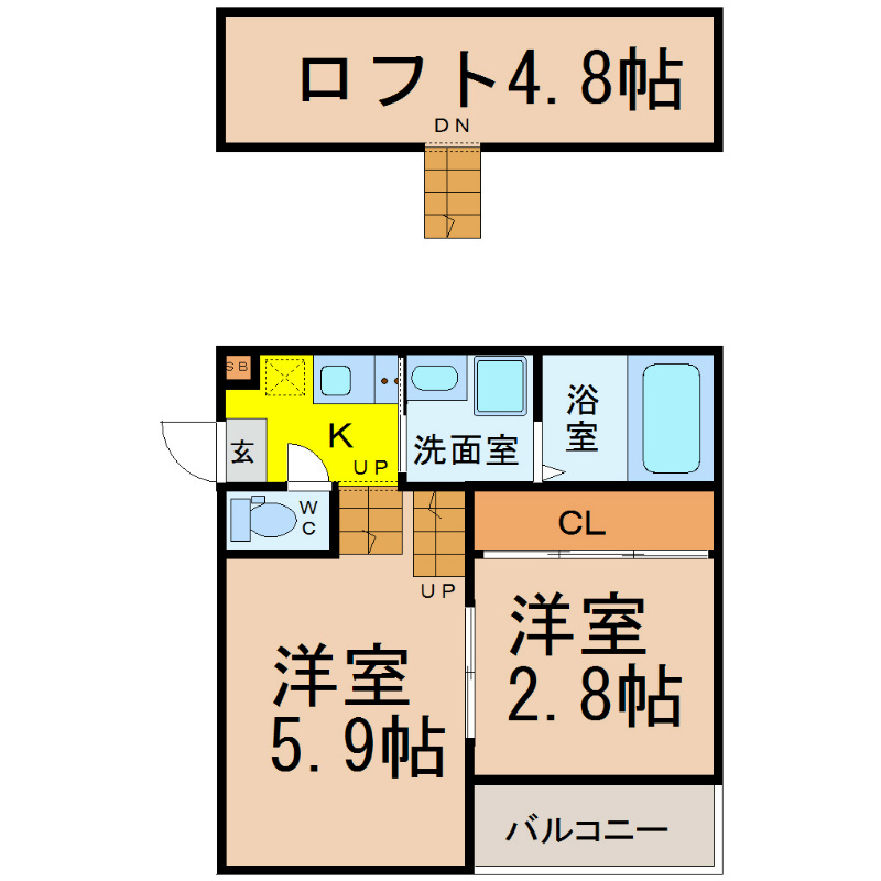 ＭｏｌｔｏＦｅｌｉｃｅ（モルトフェリーチェ） 間取図　洋室5.9帖　洋室2.8帖　ロフト4.8帖