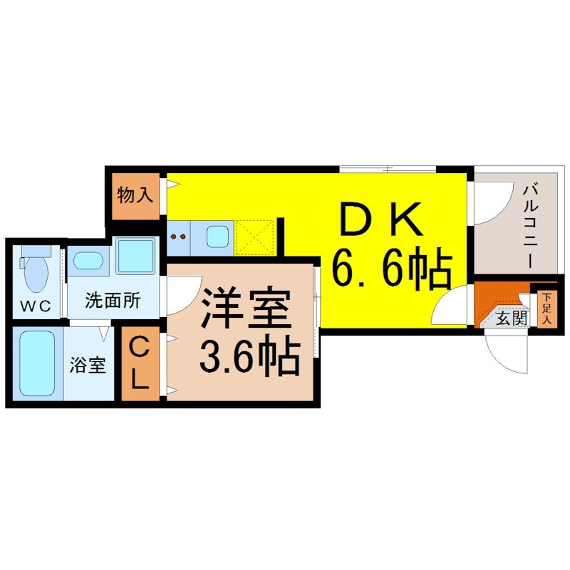 ハーモニーテラス大正町Ⅰ 間取図　ＤＫ6.6帖　洋室3.6帖　脱衣洗面所　バルコニー