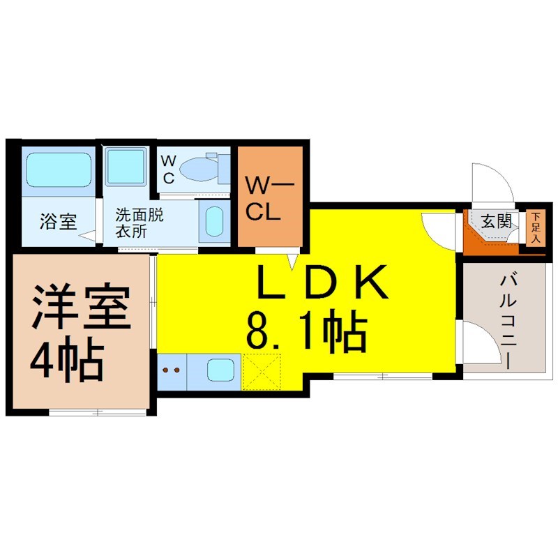 ハーモニーテラス大正町Ⅰ 間取図　ＬＤＫ8.1帖　洋室4帖　脱衣洗面所　バルコニー