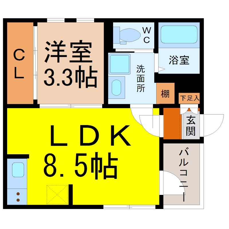 パインヒルズ 間取図　ＬＤＫ8.5帖　洋室3.3帖　脱衣洗面所　バルコニー
