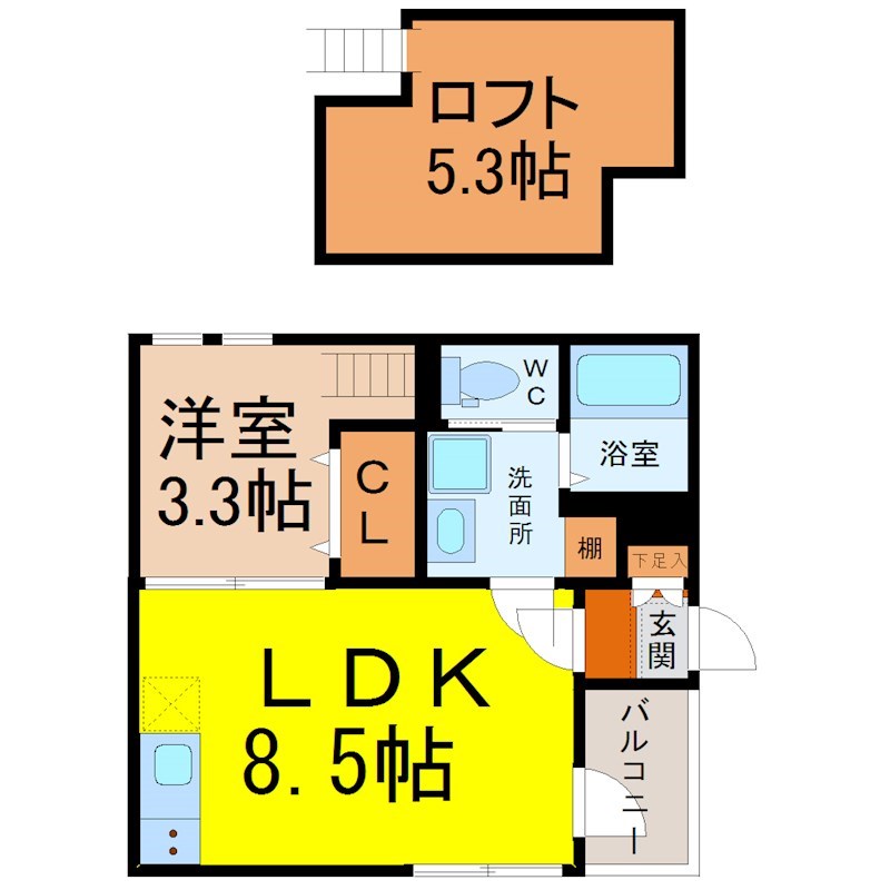 パインヒルズ 間取図　ＬＤＫ8.5帖　洋室3.3帖　ロフト5.3帖