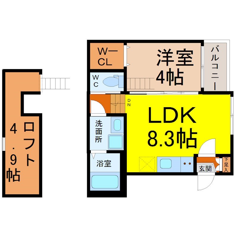 パルクカナヤマII 間取図　ＬＤＫ8.3帖　洋室4帖　ロフト4.9帖