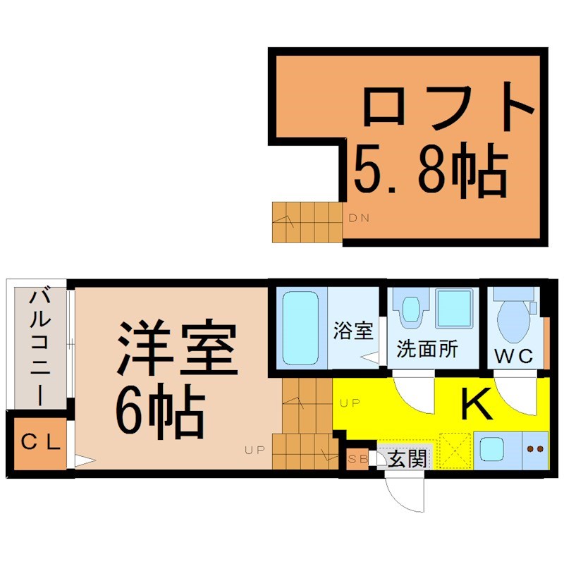 グランテラス 間取図　洋室6帖　ロフト5.8帖　脱衣洗面所　バルコニー