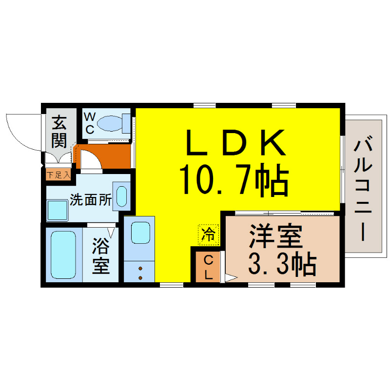 ＭｉｌｌｅＧｒａｉｎｅｓ（ミルグレーヌ） 間取図　ＬＤＫ10.7帖　洋室3.3帖　南面バルコニー
