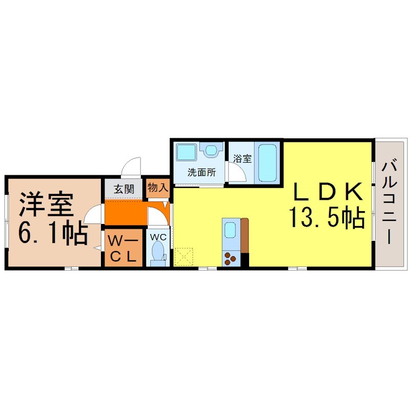 グレーシア上前津 間取図　ＬＤＫ13.5帖　洋室6.1帖　南面テラス