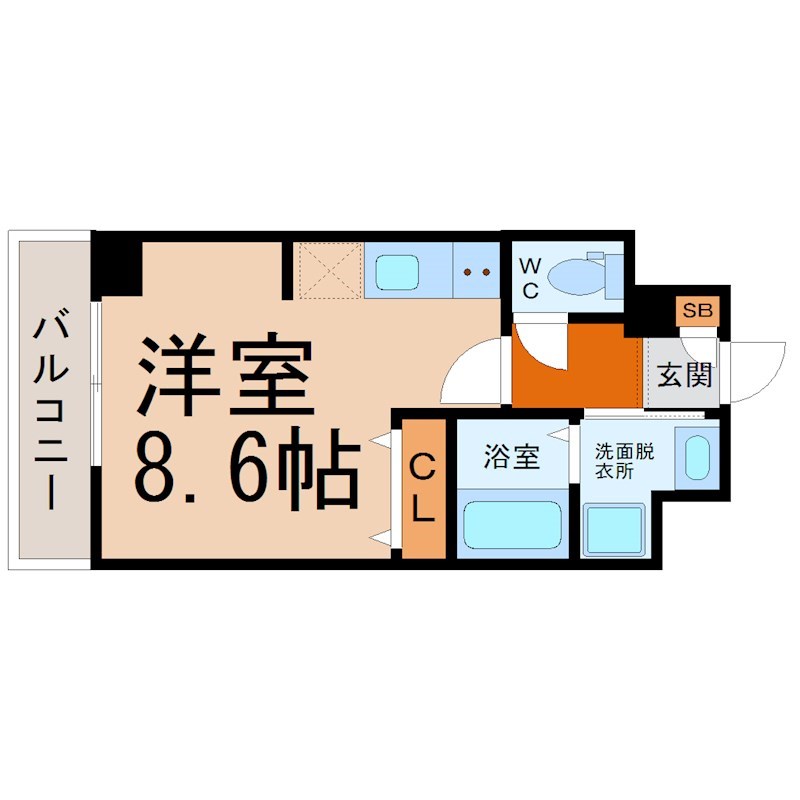 パルティール金山 間取り　洋室8.6帖　脱衣洗面所　バルコニー