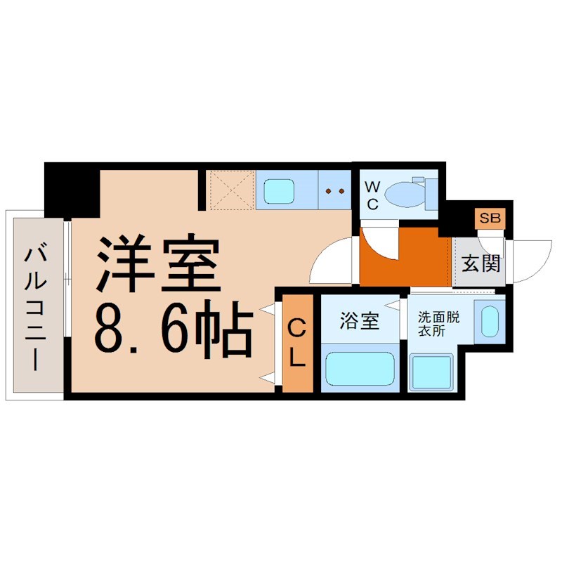 パルティール金山 間取り　洋室8.6帖　脱衣洗面所　バルコニー