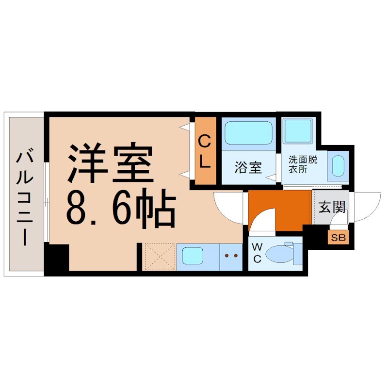 パルティール金山 間取り　洋室8.6帖　脱衣洗面所　バルコニー