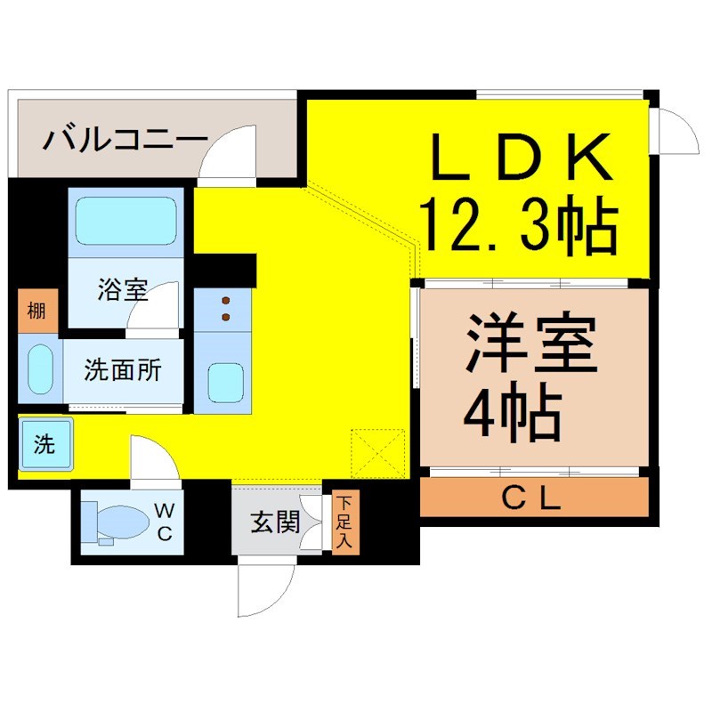 レジデンスＴ・Ｌ新栄 間取図　ＬＤＫ12.3帖　洋室4帖　脱衣洗面所