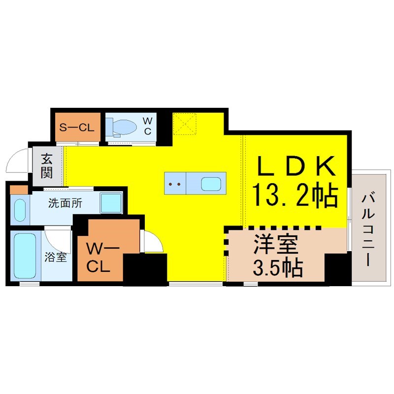 レジデンスＴ・Ｌ新栄 間取図　ＬＤＫ13.2帖　洋室3.5帖　脱衣洗面所