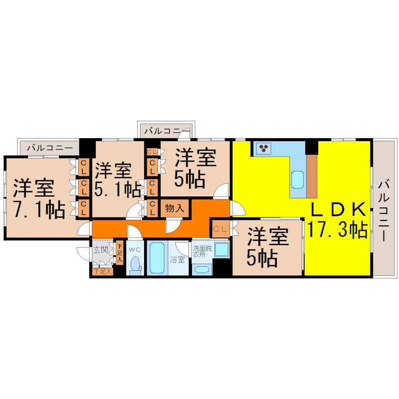 ｍｅＬｉｖ上前津 間取図　ＬＤＫ17.3帖　カウンターキッチン　バルコニー