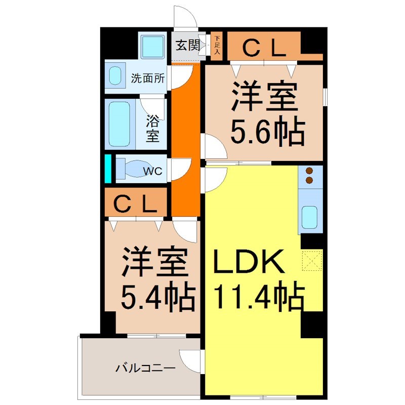スリーウェイ金山 間取図　ＬＤＫ11.4帖　脱衣洗面所　バルコニー
