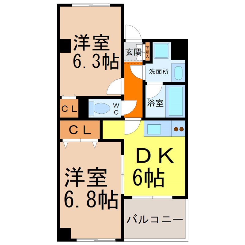 スリーウェイ金山 間取図　ＤＫ6帖　洋室2室　脱衣洗面所　バルコニー