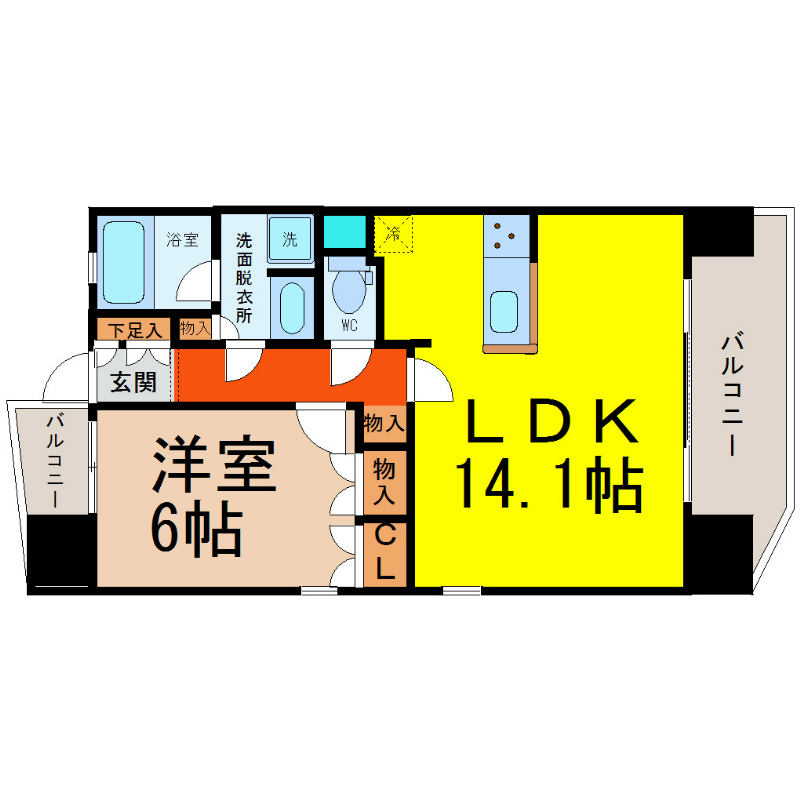 ＫＡＭＩＭＡＥＺＵ　ＲＩＳＥ（上前津ライズ） 間取図　ＬＤＫ14.1帖　洋室6帖　南面バルコニー