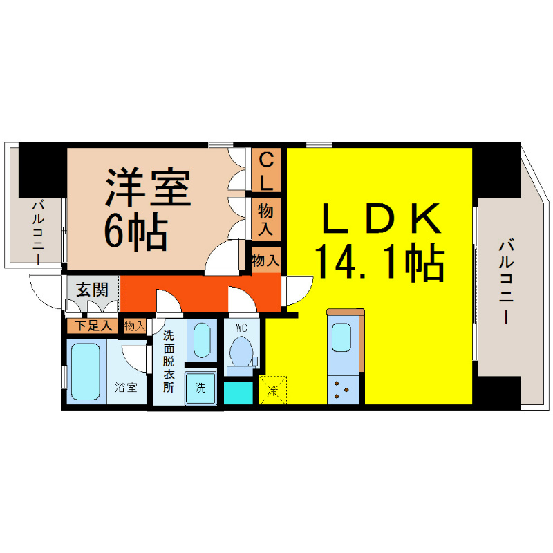 ＫＡＭＩＭＡＥＺＵ　ＲＩＳＥ（上前津ライズ） 間取図　ＬＤＫ14.1帖　洋室6帖　南面バルコニー