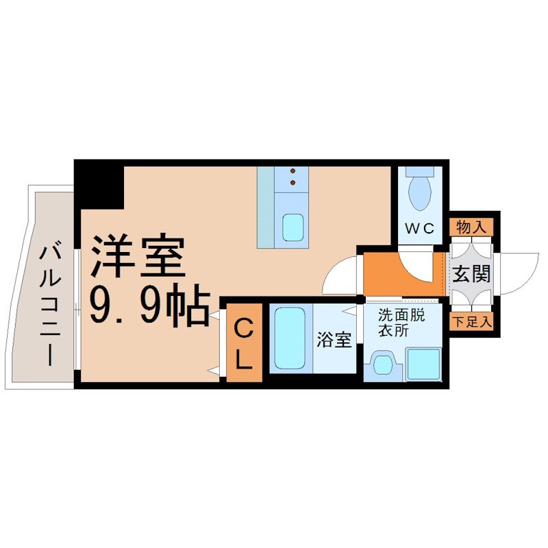 プレサンス上前津リラクシア  間取図　洋室9.9帖　カウンターキッチン　脱衣洗面所