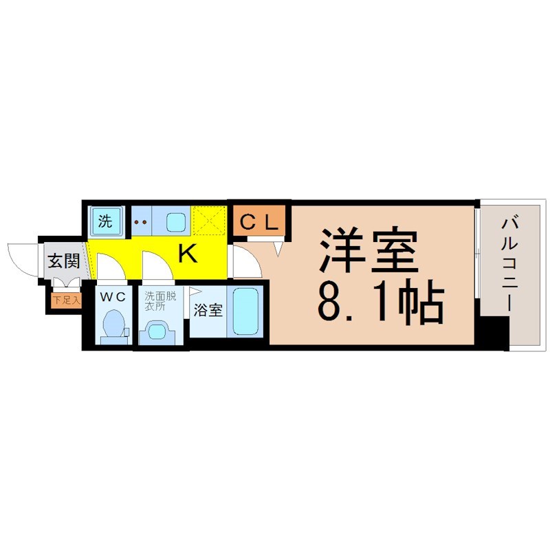 プレサンス大須観音駅前 間取図　洋室8.1帖　脱衣洗面所　バルコニー