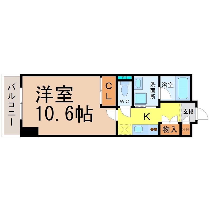 プライムアーバン上前津 間取図　洋室10.6帖　脱衣洗面所　バルコニー
