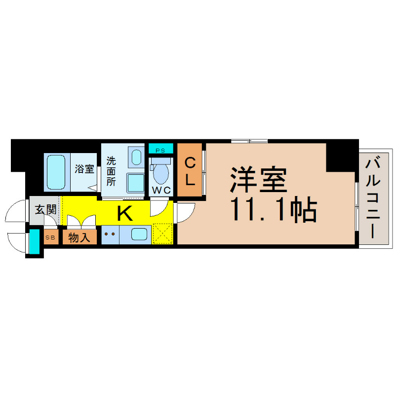 プライムアーバン上前津 間取図　洋室11.1帖　脱衣洗面所　バルコニー