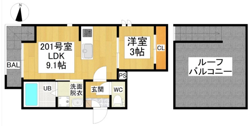 Ｇｒａｎｄｔｉｃ　ｕｎ　ｂｏｎｈｅｕｒ 間取図　ＬＤＫ9.1帖　洋室3帖　脱衣洗面所　バルコニー