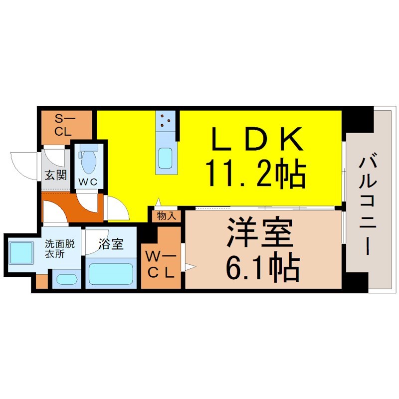 アースグランデ泉 間取図　ＬＤＫ11.2帖　洋室6.1帖　脱衣洗面所