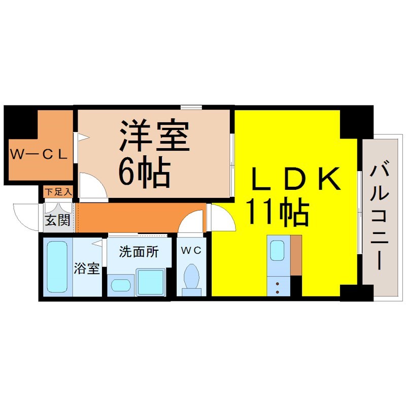 Ｌｕｍｉｅｒｅ（ルミエール） 間取図　ＬＤＫ11帖　洋室6帖　脱衣洗面所　バルコニー