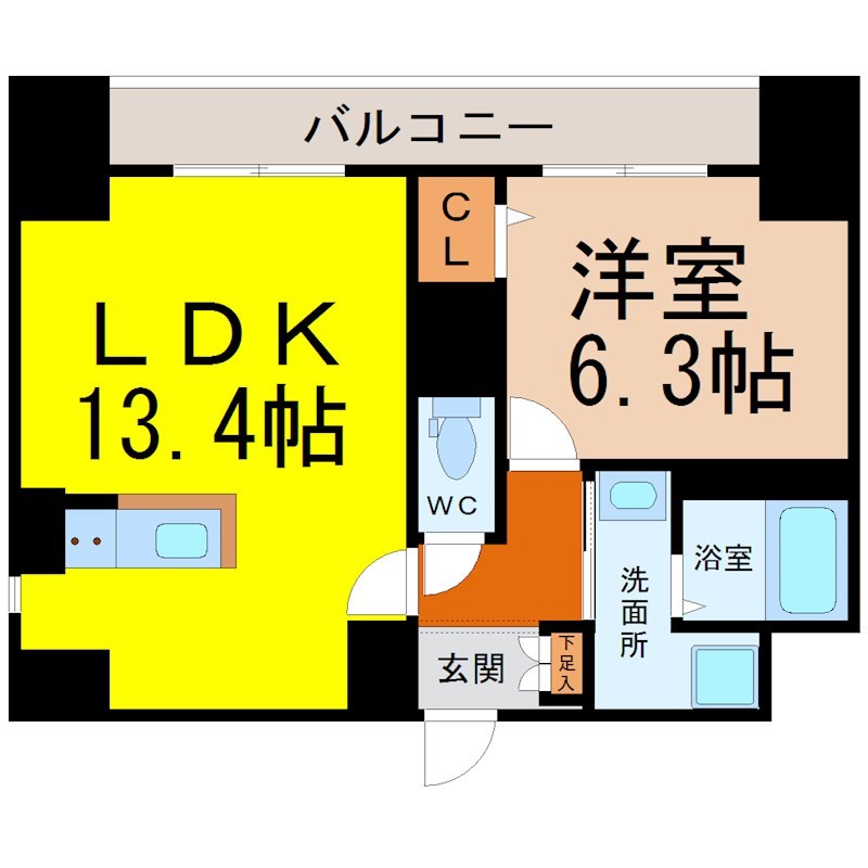 ヴェルドュアルテ 間取図　ＬＤＫ13.4帖　洋室6.3帖　脱衣洗面所
