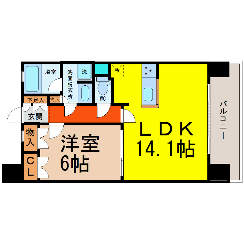 ＫＡＭＩＭＡＥＺＵ　ＲＩＳＥ（上前津ライズ） 間取図　ＬＤＫ14.1帖　洋室6帖　南面バルコニー