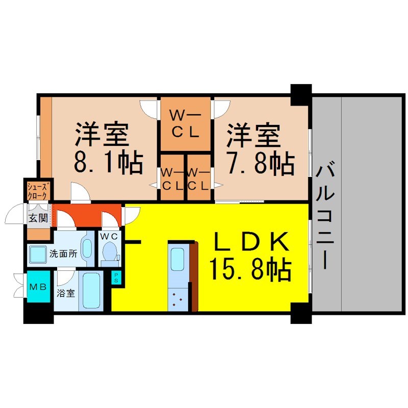 ラヴァーチェ徳川 間取図　ＬＤＫ15.8帖　洋室×２　南面専用庭　収納充実