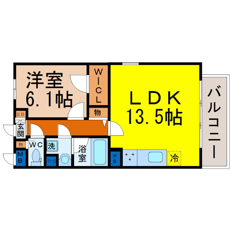 カサグランデ 間取り　1LDK　LDK13.5帖　洋室6.1帖