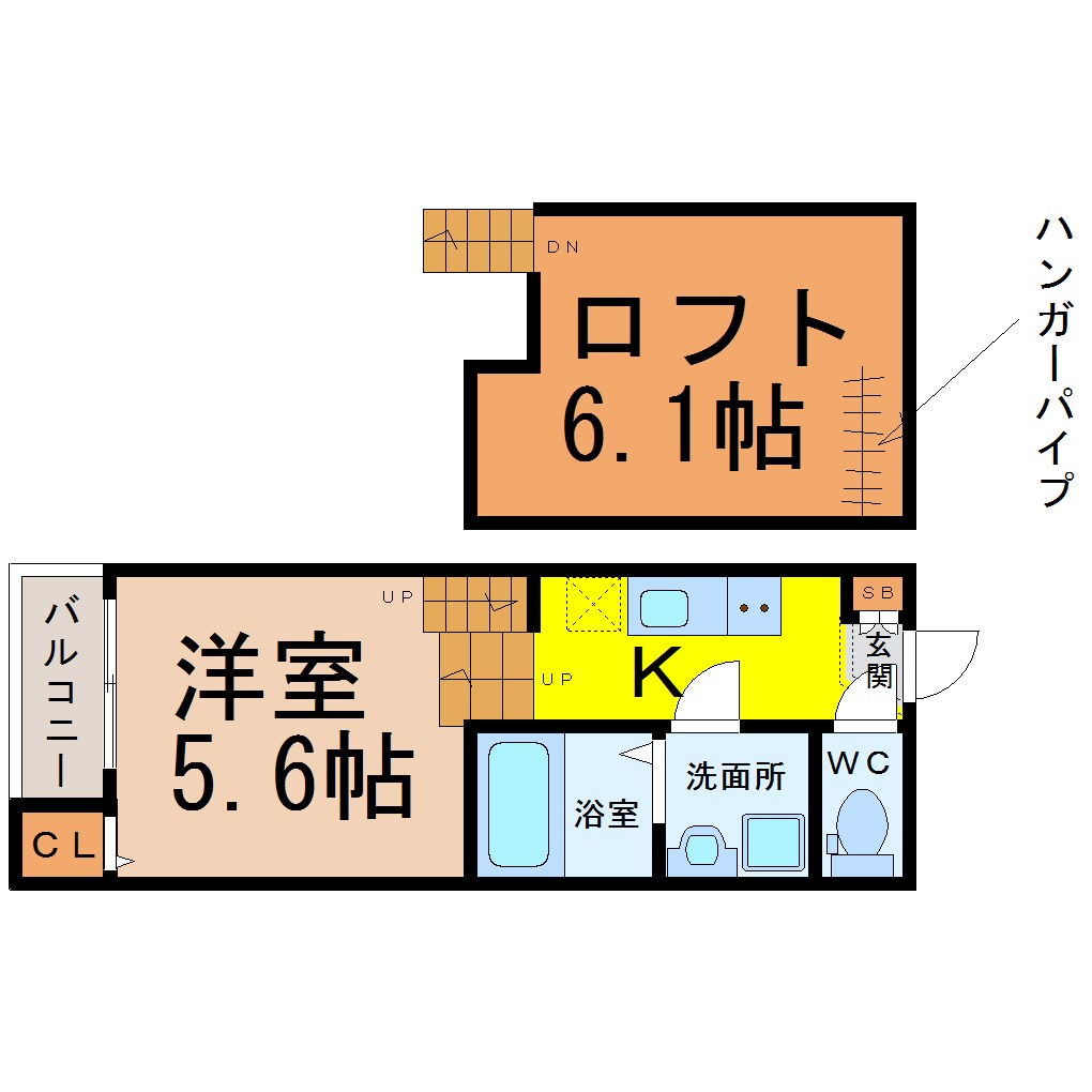 ＬＵＮＡ　ＦＯＲＺＡ神宮西（ルナフォルツァ神宮西） 間取図　洋室5.6帖　ロフト6.1帖　脱衣洗面所　バルコニー