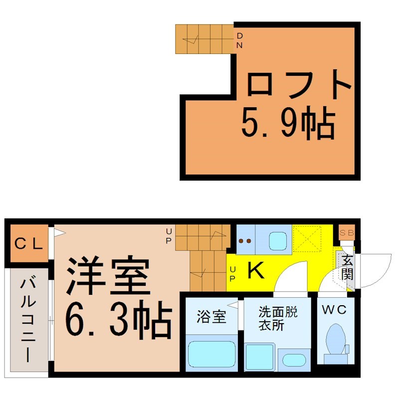 ラファージュ東海通 間取図　洋室6.3帖　ロフト5.9帖　脱衣洗面所　バルコニー