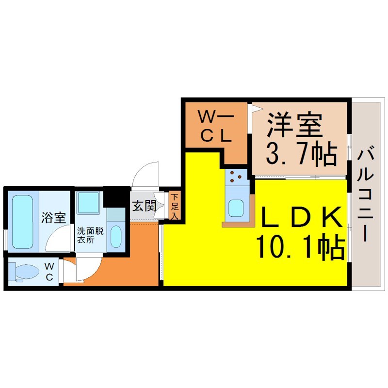 ヒールコートII 間取図　ＬＤＫ10.1帖　洋室3.7帖　脱衣洗面所